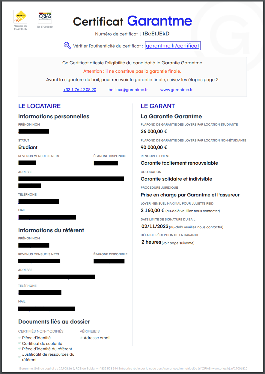 Certificat d’Éligibilité Garantme