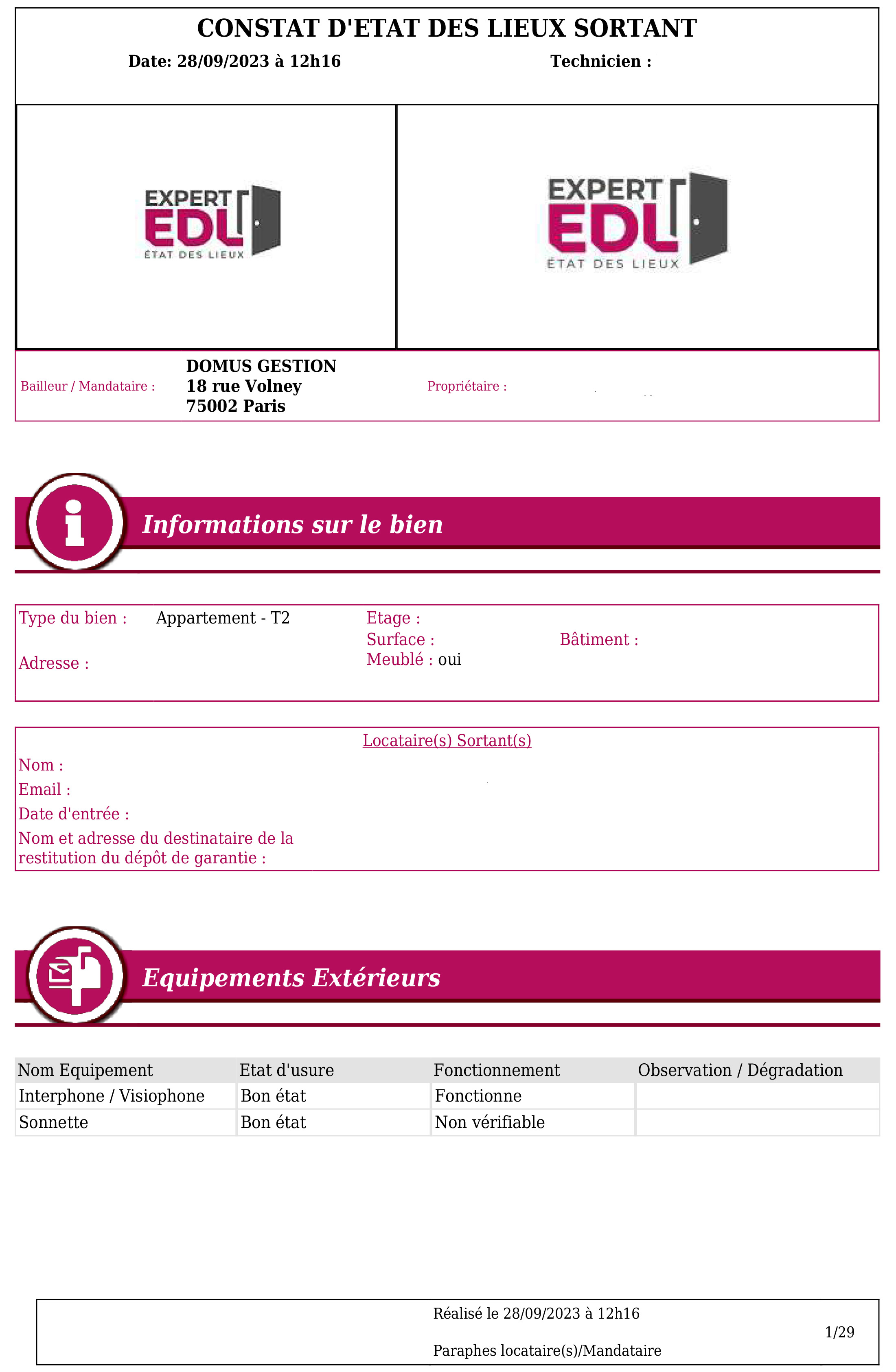 Constat d’état des lieux de sortie